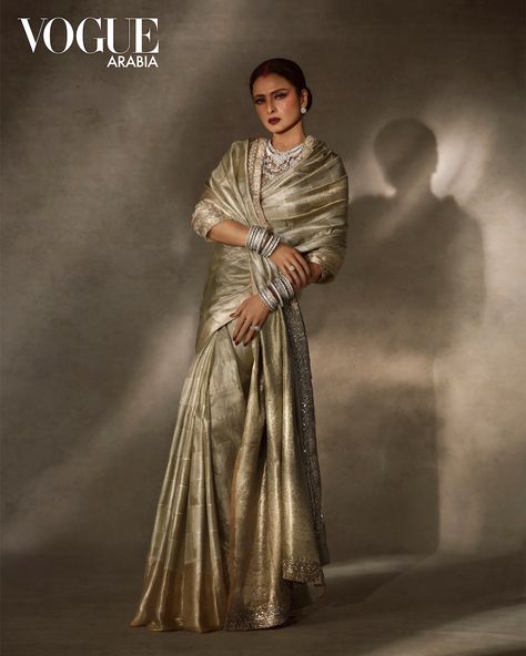 Rekha Vogue, Saree Marriage, Rekha Saree, Saree Shoot, Rekha Actress, Vogue Arabia, Words Of Appreciation, Bridal Sarees South Indian, Tissue Saree