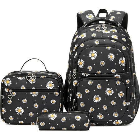 Petmoko Daisy Printed Backpacks With Lunch Pack Pencil Case 3pcs, Water Resistant Lightweight Bookbag For Middle School (Black) for Unisex Child Size: One Size.  Age Group: kids. Beg Sekolah, Princess Backpack, Water Resistant Backpack, Durable Backpack, Bag For School, Travel Laptop Backpack, Kids School Backpack, Backpack Set, Floral Backpack