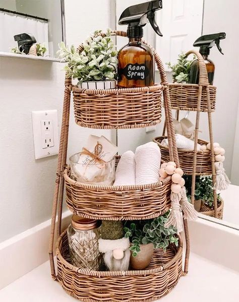 Organized Bathrooms: Clean and Clutter-Free - The Cottage Market Wicker Basket Decor Ideas, Bathroom Counter Organization Ideas, Organization Ideas Bathroom, Wicker Basket Decor, Basket Decor Ideas, Wc Decoration, Bathroom Counter Organization, Bathroom Counter Decor, Bathroom Basket Storage