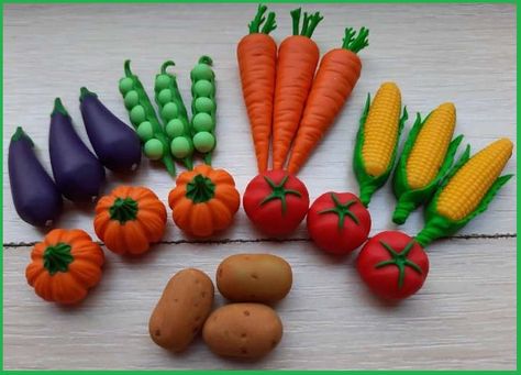 Clay Vegetables, Clay Veggies, Vegetable Clay Art, Clay Fruit, Polymer Clay Fruit, Polymer Clay Vegetables, Polymer Clay Fruit Tutorial, Polymer Clay Vegetables Diy, Fruit Polymer Clay