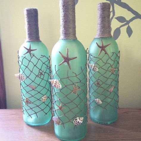 ขวดโหล Mason Jar, Tropisk Fest, Nautical Bottle, Wine Bottle Project, Glass Bottle Diy, Wine Craft, Diy Glass Bottle Crafts, Wine Bottle Art, Wine Bottle Diy Crafts