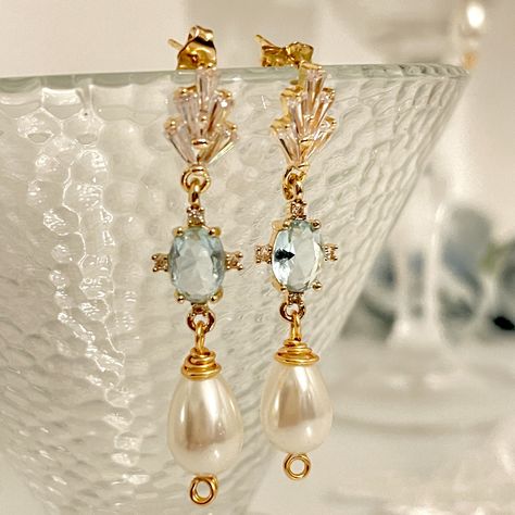 Pearl And Aquamarine Earrings, Art Deco Bride, Bridal Jewlery, Pearl Wedding Earrings, Long Crystal Earrings, Semi Precious Earrings, Heirloom Jewelry, Blue Crystal Earrings, Crystal Bridal Earrings