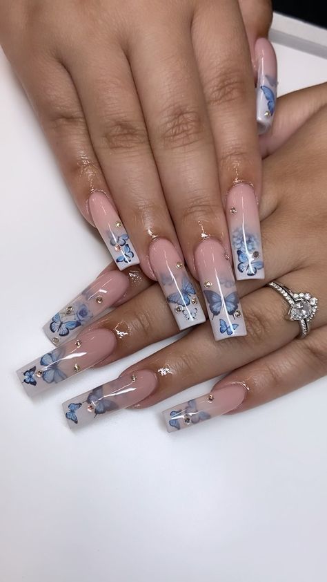 jtnailzz_ on Instagram: 🦋🦋For my butterfly lovers 🦋🦋 • • inspo: @nailsbydariana • #401nails #warwicknails #rhodeislandnails #rinails #rinailtech… Light Blue With Butterflies Nails, Nails W Butterfly Charms, Blue Clear Butterfly Nails, Long Acrylic Nails With Butterfly Charms, Butterfly Nail Charm Nails, Quinceanera Nails, Claw Nails, Ombre Acrylic Nails, Black Nail Designs