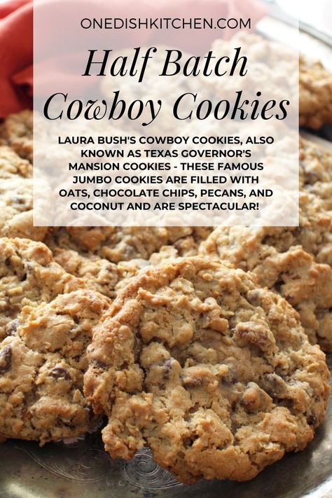 Laura Bush's Cowboy Cookies, also known as Texas Governor's Mansion Cookies - these famous jumbo cookies are filled with oats, chocolate chips, pecans, and coconut and are spectacular! You'll love this half batch recipe for these soft and chewy cookies. Mrs Bush Cowboy Cookies, Half Batch Cowboy Cookies, Barbra Bush Cowboy Cookies, Cowboy Cookies Recipe Laura Bush, Laura Bush Cookies, Small Batch Cowboy Cookies, Laura Bush’s Cowboy Cookies, Big Batch Cookies Recipes, Barbara Bush Cowboy Cookies