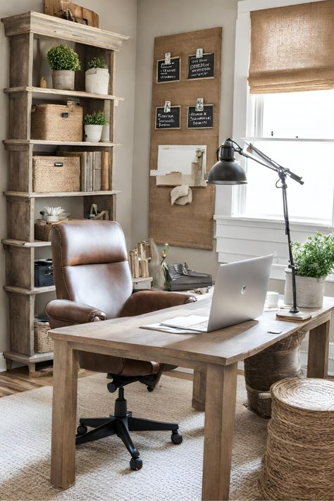 Discover charming and rustic farmhouse office decor ideas that perfectly blend function and style, giving your workspace a cozy, farmhouse-inspired makeover. Farm Desk Office, Country Chic Office Decor, Craftsman Office Decor, Office Interior Design Farmhouse, Home Office Country Style, Farmhouse Office Decor Ideas, Farmhouse Office Ideas, Rustic Farmhouse Office, Modern Farmhouse Office Ideas