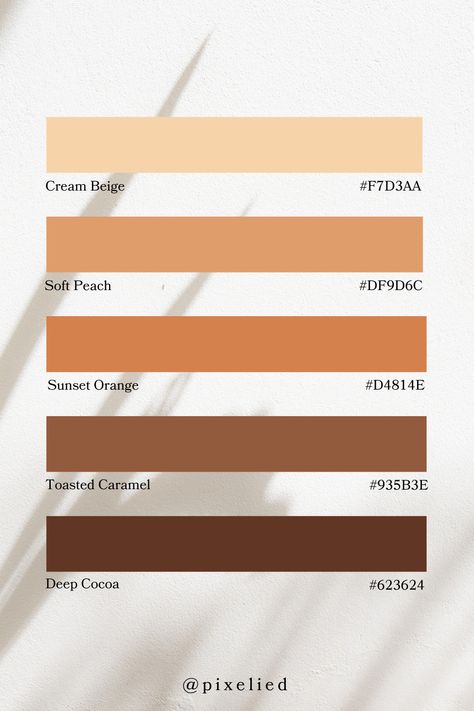 Rustic Glow Brown Earth Tone Color Palette  merges Cream Beige with Soft Peach, enhanced by vibrant Sunset Orange. Toasted Caramel and Deep Cocoa add depth, creating a warm and earthy palette. Ideal for cozy, natural designs. Brown Orange Color Palette, Caramel Palette, Color Scheme Generator, Earth Colour Palette, Tone Color Palette, Earth Tone Color Palette, Color Generator, Earthy Palette, Flip Image