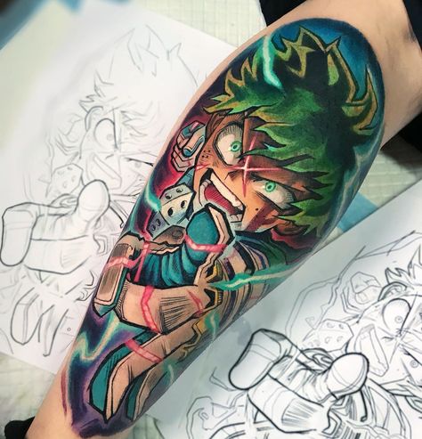 Deku Tattoo Design, Izuku Midoriya Tattoo Ideas, My Hero Tattoo Ideas, Deku Tattoo Ideas, Colorful Anime Tattoo, Anime Sleeve Tattoo Color, Bakugo Tattoo, Mha Tattoos, My Hero Academia Tattoo