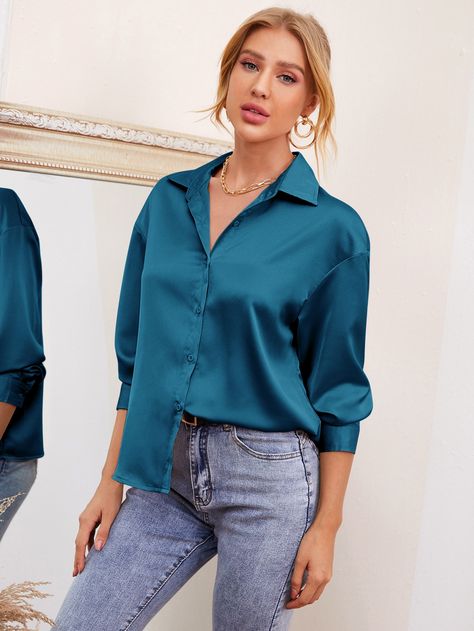 Blue Satin Shirt Outfit, Teal Shirt Outfits, Satin Shirt Outfit, Blue Colour Shirt, Tops Stylish, Turquoise Shirt, Satin Shirts, Teal Shirt, Full Sleeve Top