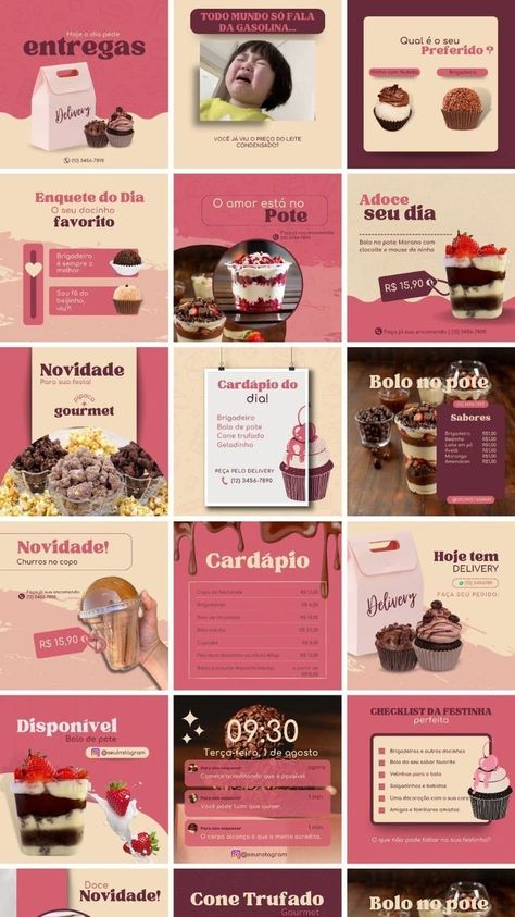 Tenha acesso a mais de 120 posts prontos para confeitaria e doceria. São artes 100% editaveis pelo canva gratuito, onde você consegue mudar a paleta de cores, texto, e colocar a foto dos seus doces. Aumente o seu engajamento no Instagram e atraia mais clientes com os posts. Você terá acesso a artes para Feed, stories, cardápios, cartão virtual, + bônus incríveis, além de atualizações gratuitas, e suporte para lhe auxiliar sempre. Clique na imagem e garanta já o seu Bakery Instagram Feed Ideas, Doughnuts Photography, Cake Templates, Social Media Branding Design, Instagram Cake, Desain Quilling, Packaging Template, Fb Ads, Social Media Poster