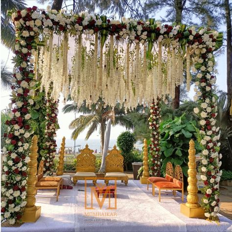 Vidhi Mandap / Indian Wedding Mandap Vidhi Mandap, Floral Mandap, Indian Wedding Mandap, White And Red Flowers, Indian Wedding Stage, Birthday Decorations At Home, Bridal Sarees South Indian, Mandap Decor, Indian Wedding Inspiration