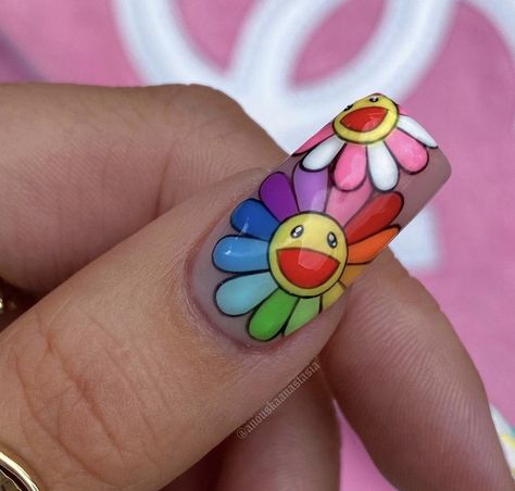 Murakami Flower Nails, Nail Design Glitter, Murakami Flower, Cute Acrylic Nail Designs, Flower Nail, Rainbow Nails, Dream Nails, Fire Nails, Funky Nails