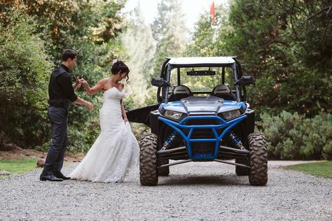 Our RZR atv wedding getaway car at our Forest House Lodge Wedding Atv Wedding Photos, Off Road Wedding, Atv Wedding Ideas, Atv Wedding, Wedding Getaway Car, Wedding Getaway, Engagement Photo Props, Cookies Wedding, Anniversary Pictures