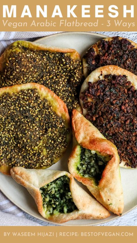 Manakeesh (Arabic Flatbread) – 3 Ways Manakeesh Recipe, Middle East Recipes, Mediterranean Spices, Vegan Meat, Za Atar, Middle Eastern Recipes, Arabic Food, Turkish Recipes, Flatbread