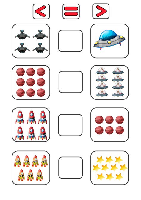 A mathematical game for children from 3 years old, which suggests comparing numbers of space objects within 10. The task develops logical and mathematical thinking, teaches using the concepts «greater than», «less than», «equals» correctly, to distinguish the corresponding signs «more, less, equal » and to count. To start the game, you should print the task in PDF format, count the number of objects on the right and left sides of the line, then, having determined where the greater number of obje Comparing Numbers Worksheet, Easy Math Worksheets, Mathematical Thinking, Number Activities Preschool, Easy Math Activities, Space Objects, Preschool Math Games, Mathematics Games, Preschool Activities Printable