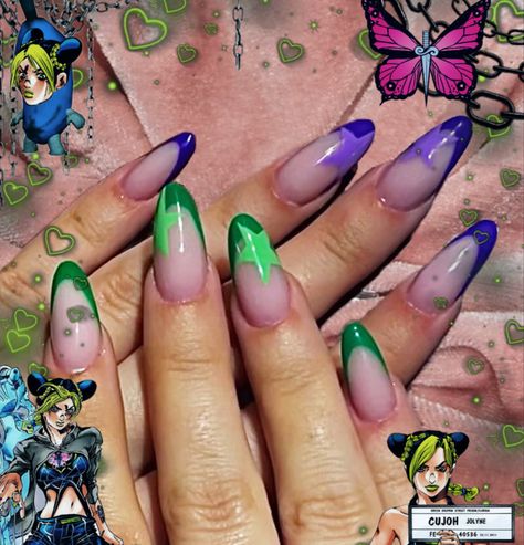 Jojo's Bizarre Adventure Inspired Nails, Jojo's Bizarre Adventure Nail Art, Jojo Nails Ideas, Jjba Nail Design, Jolyne Kujo Nails, Jjba Inspired Nails, Jojo Nails Art Designs, Jojo Inspired Nails, Jojo's Bizarre Adventure Nails