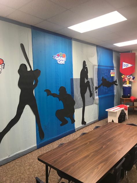 Game On VBS Bible Study Room Baseball Hallway Decorations, Sports Vbs Decorations, Bible Study Room, Sports Vbs, Sunday School Themes, Creative Presentation Ideas, Sports Theme Classroom, Olympic Theme, Incentive Chart