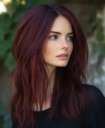 Top 51 Dark Copper Hair Colors to Rock This Fall - AskNaij Brown Hair Colors For Pale Skin And Green Eyes, Dark Hair For Green Eyes, Dark Hair Fair Skin Blue Eyes, Brunette Hair Pale Skin, Cherry Highlights, Deep Plum Hair, Dark Hair Shades, Hair Colors For Dark Hair, Dark Burgundy Hair