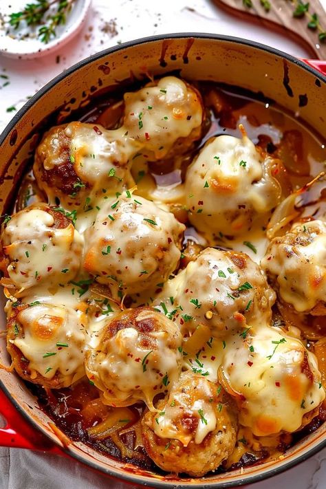 Big Meatball Recipes, Amish Onion Fritters, French Onion Meatballs Recipe, French Onion Meatballs, Onion Meatballs, American Appetizers, Onion Fritters, Bread Crumb Chicken, Brunch Board