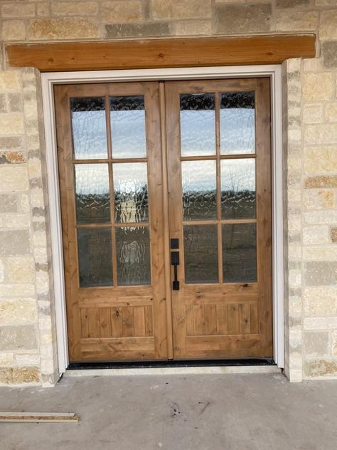 Fir Door Stain Colors, Green House Wood Door, Barndo Front Door Ideas, Stain Colors On Knotty Alder, Front Door Wood Stain, Door Stain Colors Wood, Stained Wood Interior Doors, Wood Stain Front Door, Front Door Stain Colors