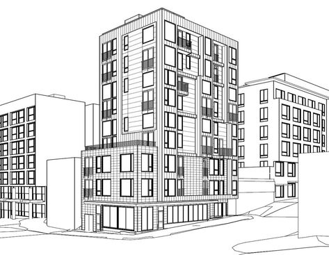 Exterior Perspective Drawing, Buildings Drawings, Exterior Perspective, Student Accomodation, College Building, Cityscape Drawing, Architecture Sketches, Building Drawing, Apartment Projects