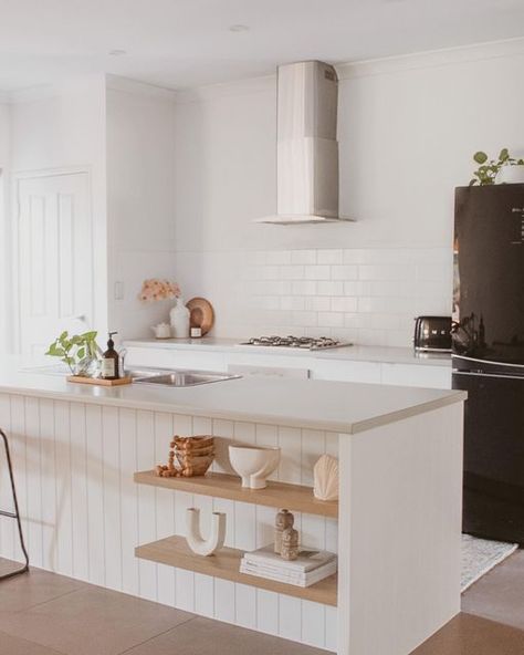 Panelled Kitchen Island, Kitchen Island Paneling Ideas, Kitchen Island Paneling, Bunnings Kitchen, Kitchen Cladding, Panelled Kitchen, Kitchen Island Panels, Timber Floating Shelves, Diy Kitchen Makeover