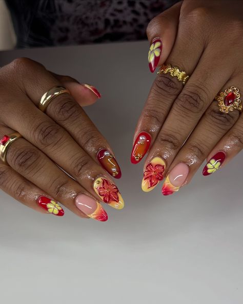 💋🌼🌹✨❤️‍🔥 inspo: @nailsbykims @shopagaloreco products used: *bonding base *buff structure gel *canary, chili pepper, sangria *bling gel *diamond steel top coat use code ‘ALEXIA10’ at checkout 🤎 #nails #nailart #naildesign #nailinspiration #nailinspo #floralnails #flowernails #rednails #yellownails #summernails #3dnailart #3dnails #sculptednails #gelx #gelxnails #gelxinspo #gelxnailtech #cltnails #cltnailtech Tropical Flower Nails, Nail Poses, Sculpted Nails, Tropical Nails, Gel Nail Design, Flowers Red, Nails Summer, Pretty Hands, Tropical Flower