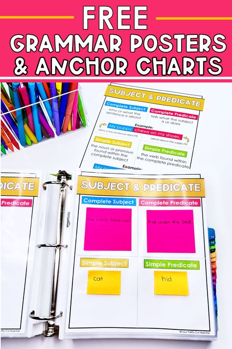 Anchor charts are a perfect way to review and solidify skills you’ve taught. This set of grammar posters and anchor charts is perfect for introducing, reviewing, or providing intervention to your 4th and 5th grade students. They are great for whole group, small group, or teacher guided lessons. Post them up in the classroom, display on your projection board, or keep them in binder to use during your teacher led group. Click on the link to learn more about what's included! 5th Grade Ela Anchor Charts, Affixes Anchor Chart, Free Grammar Posters, Simple Predicate, Grammar Anchor Charts, Complete Subject, Ela Anchor Charts, Grammar Posters, 5th Grade Writing