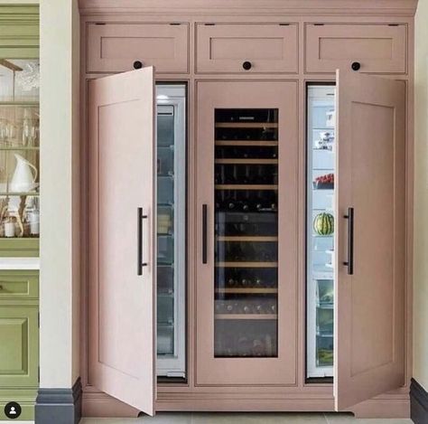 British Kitchen Design, Wine Fridge Cabinet, Hidden Fridge, Tom Howley Kitchens, Pink Fridge, Tom Howley, British Kitchen, Cabinet Fridge, Kitchen Fridges