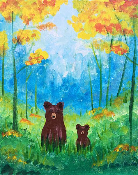 "Forest Grizzlies" Painting Party with The Paint Sesh Paint Forest, Beachy Paintings, Kids Painting Party, Fireworks Art, Fall Canvas Painting, Bear Paintings, Painting Party, Easy Canvas Painting, Forest Painting