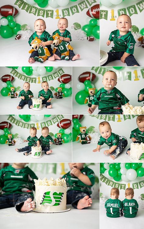 Saskatchewan Roughrider Football Cake Smash - Regina Photography Football Birthday Photoshoot, Football Cake Smash Photography, First Year Down Photoshoot, First Year Down Smash Cake, First Birthday Pictures For Boys, Rj Cake, Football Smash Cake, Football Cake Smash, Cake Backdrops