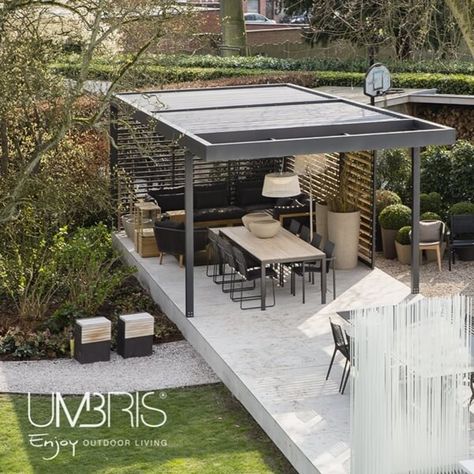 Umbris Louvre Roofs Free Standing Modern Outdoor Dining Sets, Modern Gazebo, Modern Outdoor Dining, Alfresco Dining Area, Outdoor Dining Spaces, Pergola Design, Patio Roof, Pergola Plans, Pergola Patio