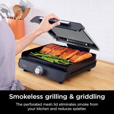 Ninja GR101 Sizzle Smokeless Indoor Grill & Griddle, 14'' Interchangeable Nonstick Grill and Griddle Plates, Dishwasher-Safe Removable Mesh Lid, 500F Max Heat, Even Edge-to-Edge Cooking, Grey/Silver Smokeless Grill Recipes, Indoor Grill Recipes, Ninja Kitchen, Fajita Vegetables, Flat Top Grill, Indoor Grill, Grill Recipes, Grill Plate, Smash Burger