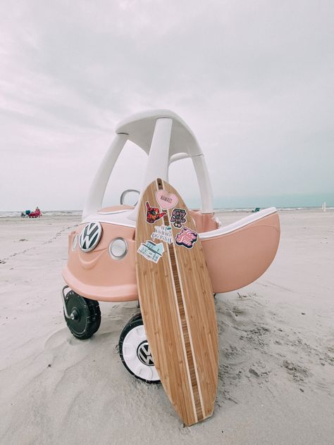 Cozy coupe, cozy coupe makeover, beach vibes, beach photography, photoshoot ideas, Volkswagen Little Tikes Makeover, Pink Volkswagen, Toy Makeover, Cozy Coupe Makeover, Surf Birthday, Surf Party, Groovy Birthday, Woody Wagon, Diy Kids Toys