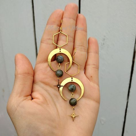 Handmade Metal Celestial Earrings, Unique Metal Moon Phase Earrings, Bohemian Moon Phase Earrings, Bohemian Brass Earrings With Moon Phase Detail, Celestial Moon-shaped Brass Earrings, Cosmic Jewelry, Crescent Moon Earrings, Moon Earrings, Brass Jewelry