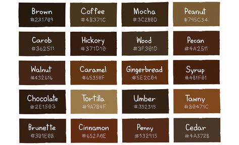 Fifty Shades of Brown - MFA Color Series #3 - Album on Imgur Shades Of Brown Paint, Brown Color Names, Brown Things, Brown Paint Colors, Hair Color Chart, Brown Color Palette, Skin Color Palette, Brown Paint, Brown Interior