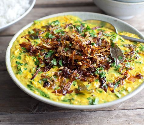 Riverford on Instagram: “RECIPE - Lentil Dhal & Tarka Fried Onions   Frying the onions and spices separately and adding to a dhal at the end of cooking is a…” Tarka Dahl Recipe, Vegan Tarka Dahl, Spinach Dhal Recipe, Tarka Dahl, Tarka Dhal Recipe, Lentil Dhal, Dahl Recipe, Dhal Recipe, Vegetarian Comfort Food