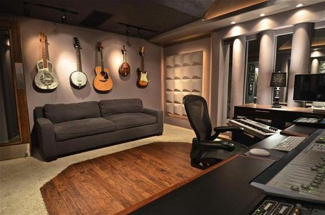 Every studio needs a comfy sofa, for those in the band who are, shall we say, less interested in what goes into getting the masterpiece finished!! Sleep well guys. See you in the morning. Home Studio Design, Music Studio Design, Studio Music Room, Music Studio Ideas, Ruangan Studio, Recording Studio Ideas, Music Room Design, Music Room Ideas, Home Studio Ideas