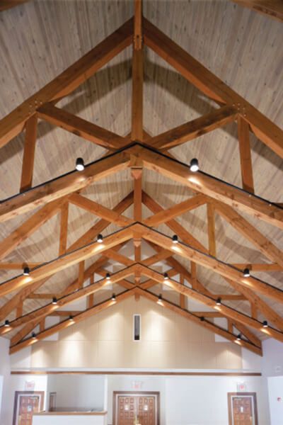 Heavy Timber - Triton Woods Exposed Trusses Lighting, Exposed Beams Lighting, Exposed Ceiling Lighting, Beam Ceiling Lighting, Truss Lighting, Timber Frame Joints, Beams Ceiling, Beam Lighting, Ceiling Lighting Ideas