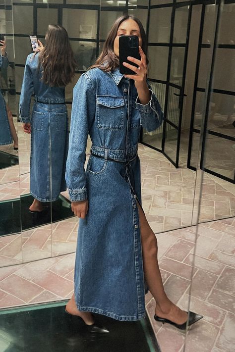 Dresses for Women | Explore our New Arrivals | ZARA United States Jeans Dress Outfit, Dresses With Tennis Shoes, Denim Dress Outfit, Long Denim Dress, Zara Spring, Short Shirt Dress, Wrap Dress Styles, Denim Maxi Dress, Midi Denim