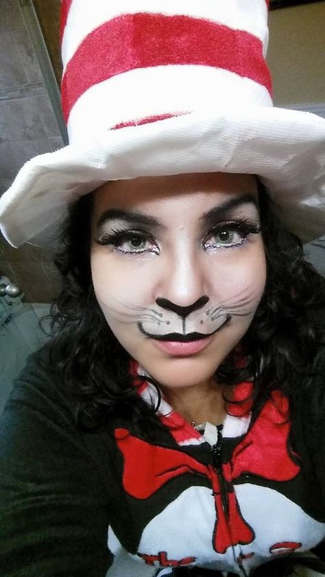 Cat In The Hat Makeup and Costume   HTTPS://m.facebook.com/profile.php?id=313110368889533 Dr Suess Makeup, Cat And The Hat Makeup, Cat In The Hat Face Makeup, The Cat In The Hat Costume, Cat In Hat Makeup, Cat In The Hat Makeup Woman, Who Makeup Dr Seuss, Cat In The Hat Face Paint, Thing 1 Makeup Dr Seuss