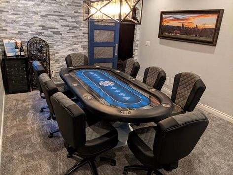 Here we have a beautiful 96" Siamun Texas Hold 'em Poker Table (Dynasty Edition) with our best selling Pharaoh Nouveau Poker Chair in black and charcoal. The table feautres our night sky silkwood high gloss finish and it looks perfect with the chairs. Lets start designing your dream table today. #poker #pokertable #pokerroom #luxury #custommade #handcrafted #pokerchairs #modern #gameroom #elegant #luxurylife #billionaire #interiordesinger #mancave #sportscars #success #luxuryhome #wealthy Poker Man Cave, Poker Table Chairs, Poker Room Aesthetic, Poker Room Ideas, Poker Chairs, Pool Table Chairs, Poker Room Decor, Poker Table And Chairs, Table Poker