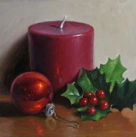 Christmas Realistic Art, Christmas Oil Paintings On Canvas, Christmas Still Life Painting, Christmas Candles Painting, Impressionism Art Christmas, Christmas Still Life, Paintings Christmas, Burberry Beauty, Kids Painting Crafts