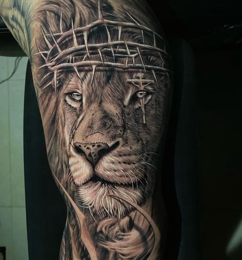 Lion Tattoo Crown, Lion With Crown Of Thorns, Lion With Crown Tattoo, Crown Tattoo Ideas, Christian Tattoos Men, Crown Of Thorns Tattoo, Crown Thorns, Lion Face Paint, Lion Chest Tattoo