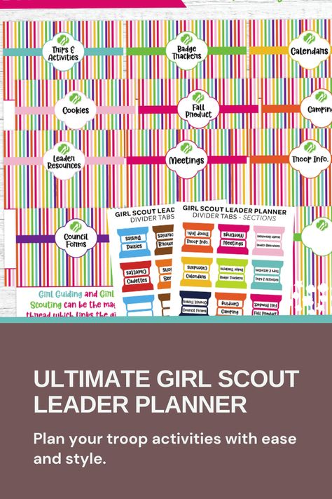 Stay Organized & Lead a Stellar Girl Scout Year! This 57-page printable planner has everything from calendars, meeting plans, badge trackers & more. Get your troop on track for adventures & achievements! Girl Scouts Cadettes, Brownie Girl Scout, Meeting Planning, Brownie Girl, At A Glance Calendar, Girl Scout Badges, Girl Scout Juniors, Girl Scout Leader, Daisy Girl Scouts