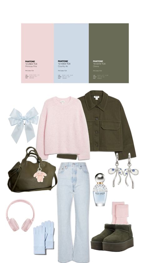 khaki green olive green light blue pink outfit ideas colour combos Blue Pink Outfit, Light Blue And Olive Green, Pink Outfit Ideas, Olive Clothing, Colour Combos, Pink Olive, Green Olive, Green Outfit, Pink Outfits