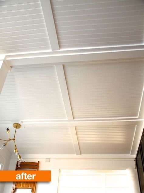 Before & After: A Sorry-Looking Popcorn Ceiling Gets Some Stunning DIY Ingenunity | Apartment Therapy Diy Beadboard, Ceiling Options, Beadboard Ceiling, Ceiling Texture, Basement Renovation, Popcorn Ceiling, Home Design Diy, Basement Ceiling, Ceiling Treatments