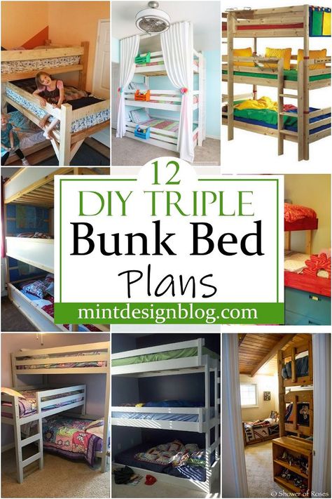 Three Beds In One Room Small Spaces, How To Build A Triple Bunk Bed, Three Loft Beds In One Room, Triplet Bunk Beds, Diy Bunk Bed With Trundle, 3 High Built In Bunk Beds, 3 Loft Beds In One Room, 3 Level Bunk Beds, Bunk Beds For 3 Kids