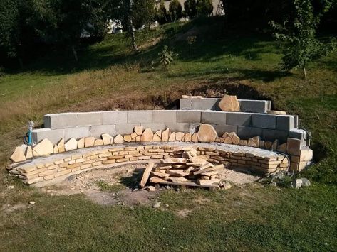 They Built A Fireplace Into Their Sloping Hillside - The Results Were and Are Stunning - Outside Fire Pits, Patio Grande, Sloped Yard, Outdoor Fire Pit Designs, Fire Pit Ring, Fire Pit Landscaping, Build A Fireplace, Sloped Backyard, Cool Fire Pits