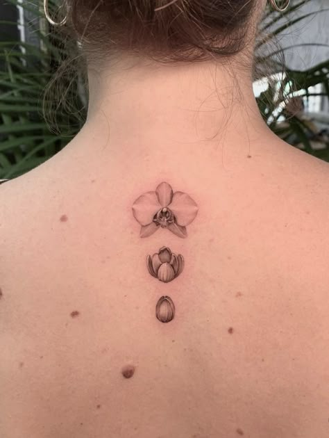 Flower Tattoos Orchid, Single Orchid Tattoo, Realistic Orchid Tattoo, Back Of Neck Flower Tattoo, Rose And Orchid Tattoo, Flowers Blooming Tattoo, Orchid Back Tattoo, Orchid Tattoo Minimalist, Black Orchid Tattoo