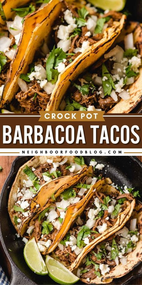 Your new favorite main dish! Fall-apart tender, juicy, and rich in flavor, these Crock Pot Barbacoa Tacos are just perfect. Check out other ways to serve this slow cooker shredded beef for a dinner idea for tonight! Crock Pot Street Tacos Beef, Slow Cooker Barbacoa Tacos, Shredded Barbacoa Beef, Crock Pot Tacos Shredded Beef, Crock Pot Barrio Tacos, Easy Crockpot Barbacoa, Barbacoa Crock Pot Tacos, Crock Pot Beef Barbacoa, Best Barbacoa Crock Pot